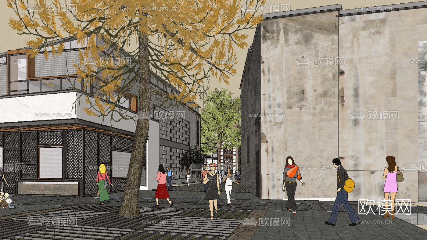 中式古街古镇风景区外观su模型下载（渲染图1）