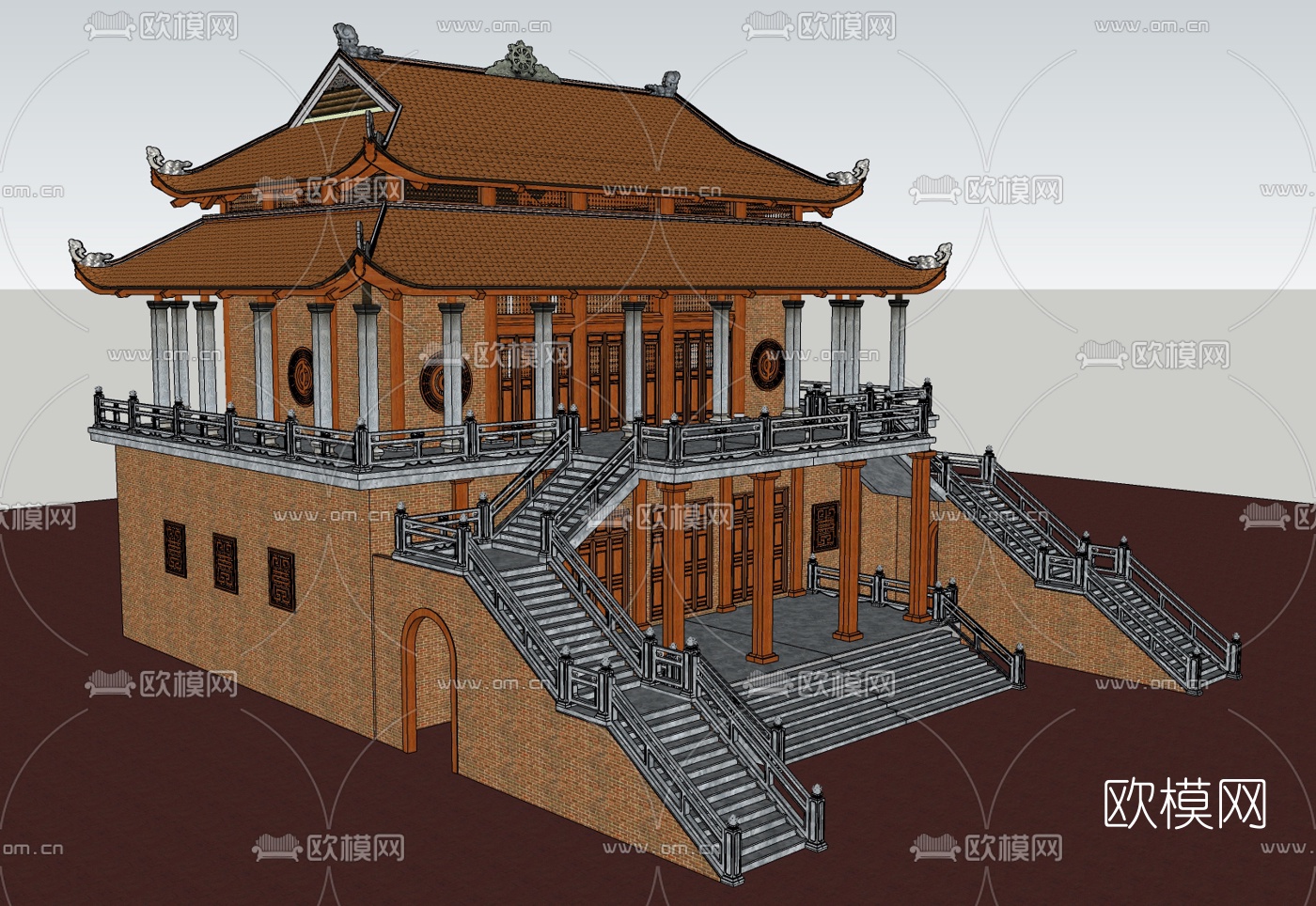 中式寺庙戏台古建su模型下载（渲染图3）