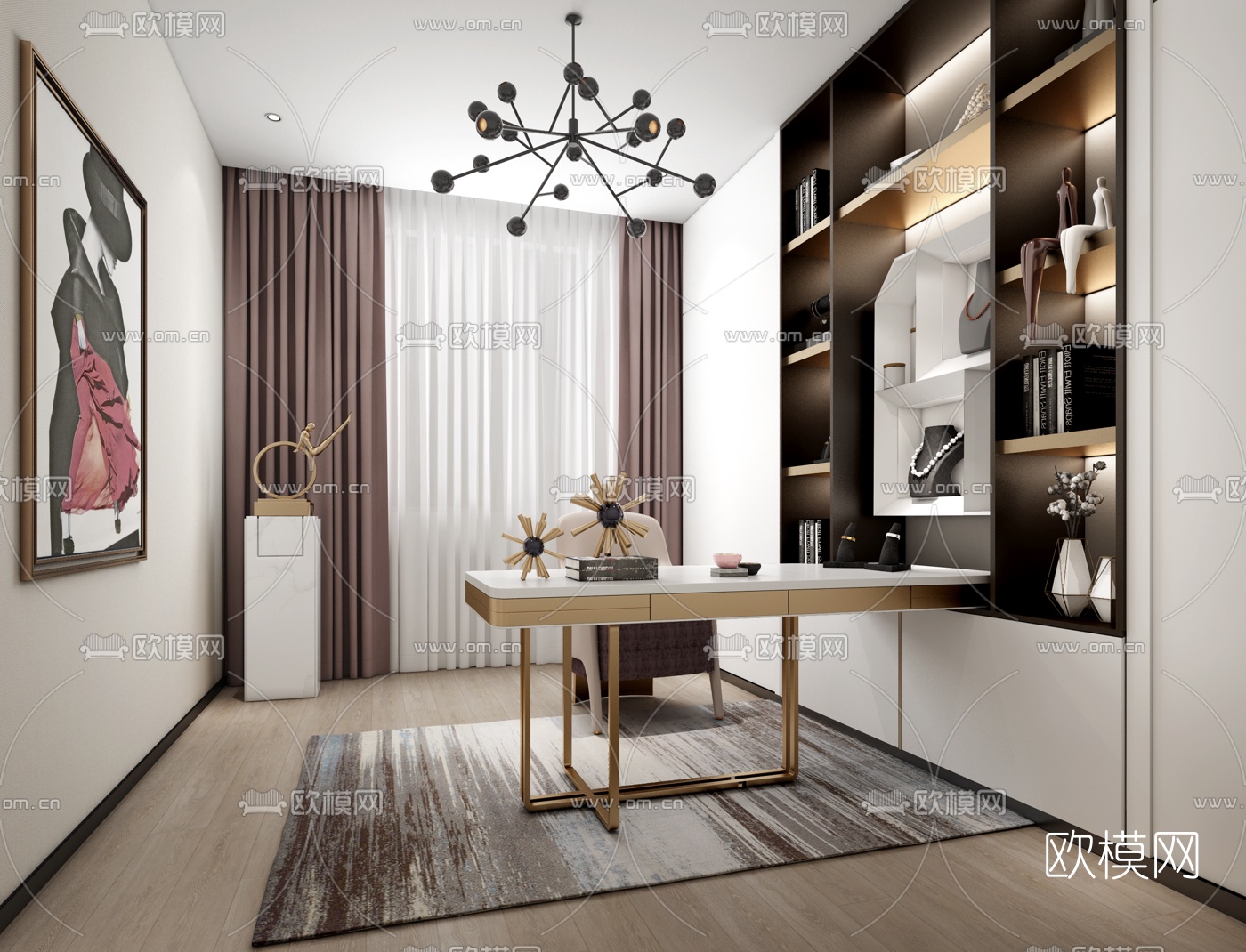 现代轻奢书房3d模型下载