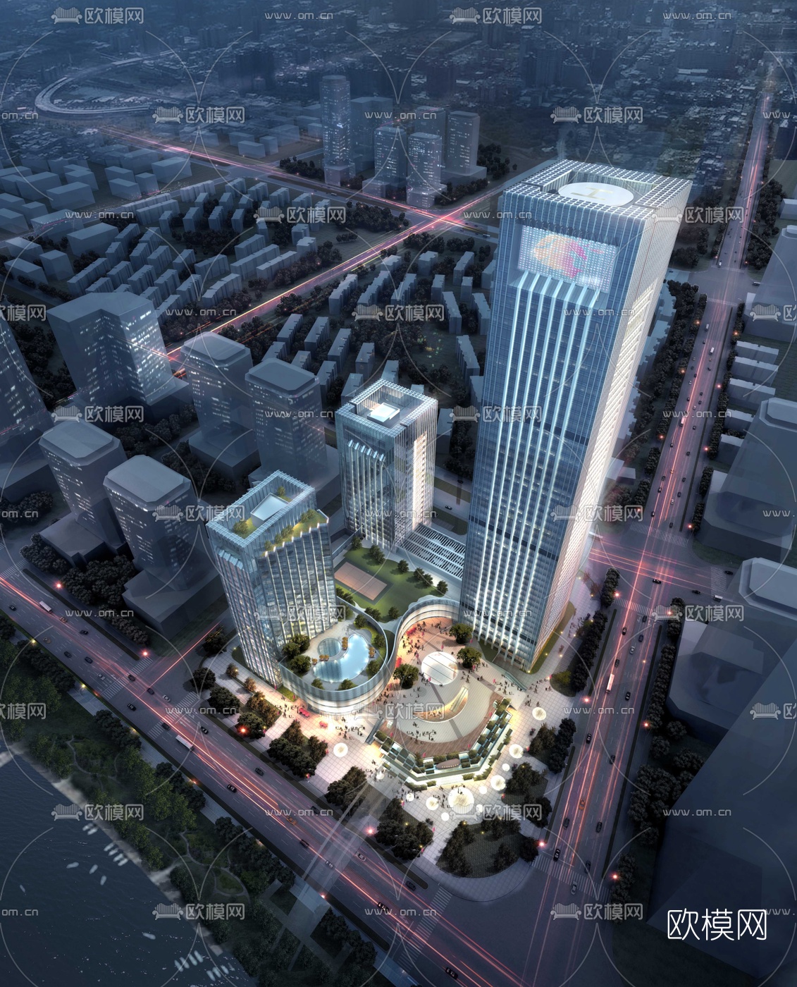 现代商业广场建筑外观夜景鸟瞰3d模型