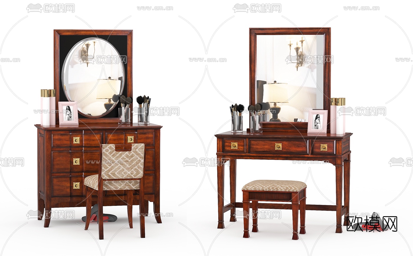 美式实木梳妆台组合3d模型下载