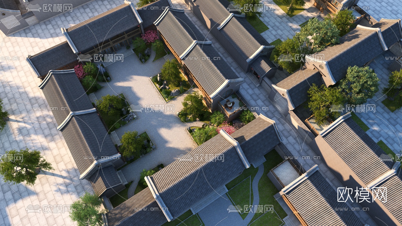 中式四合院鸟瞰3d模型-免费3dmax模型库-欧模网