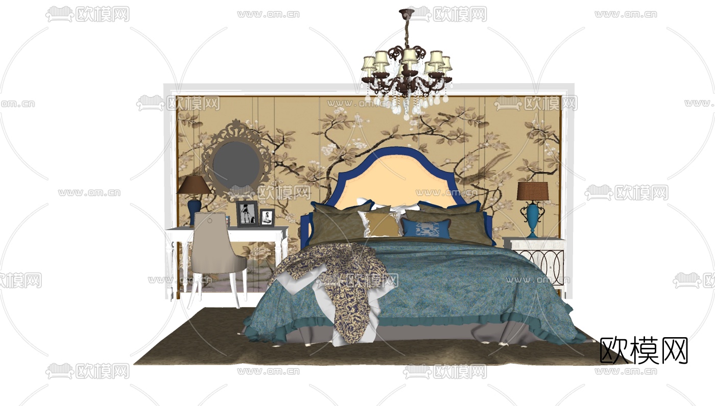 欧式布艺双人床su模型下载