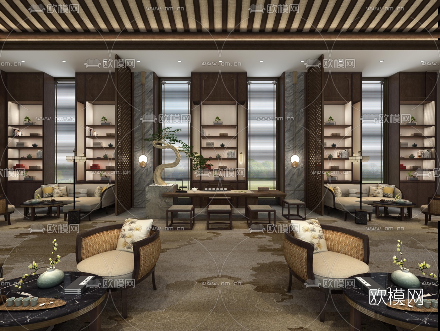 新中式会所会客区洽谈区3d模型下载（渲染图2）