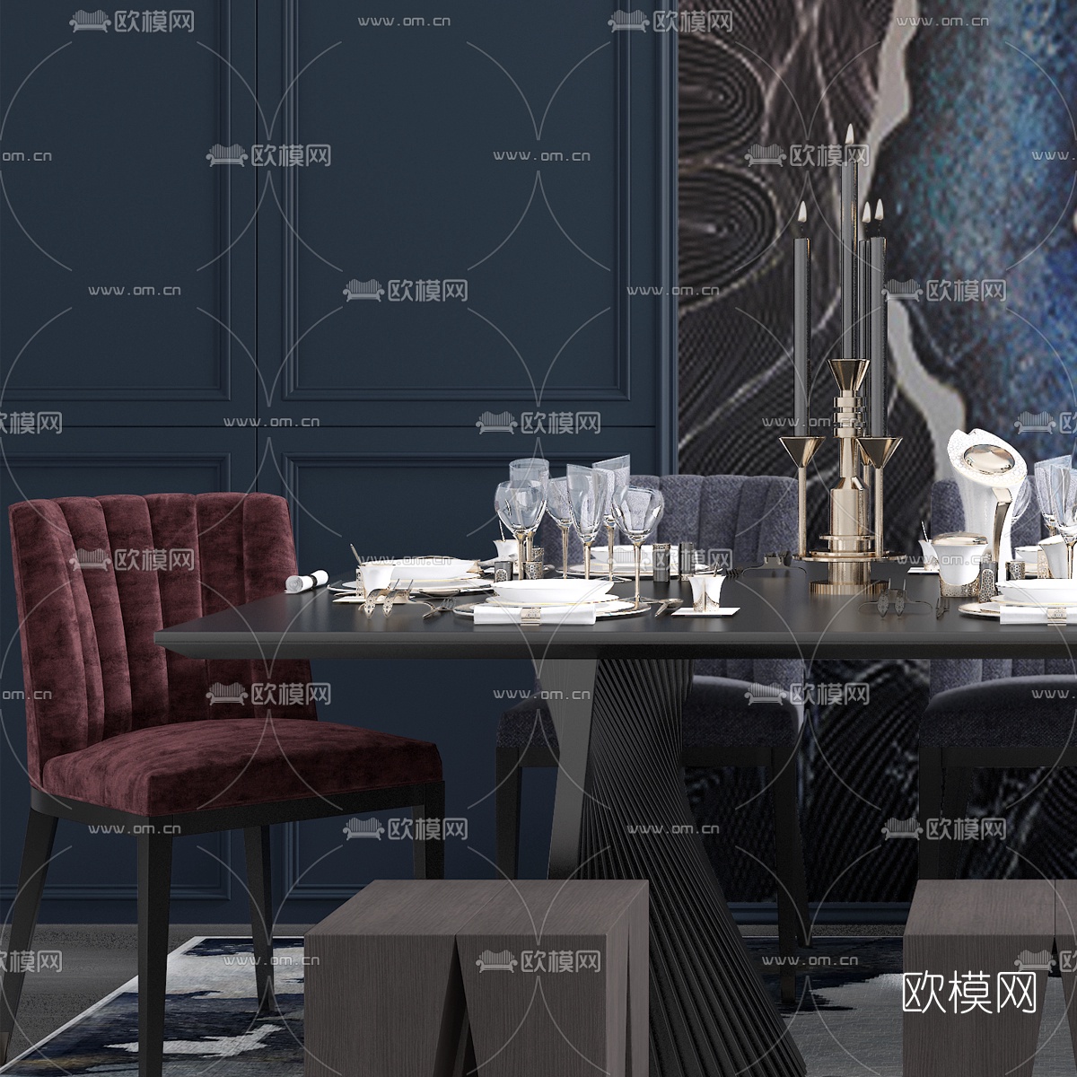 后现代条形餐桌椅3d模型