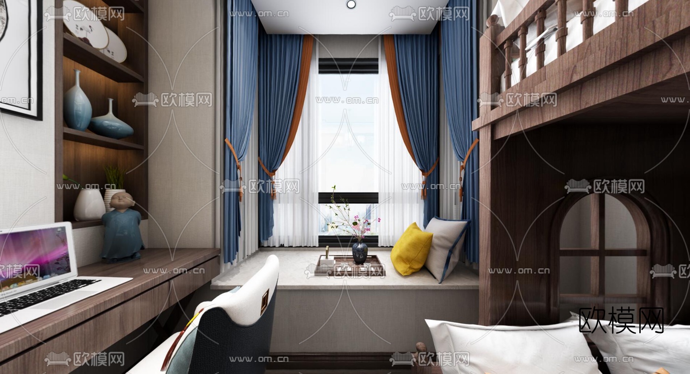 新中式上下铺儿童房vr全景3d模型