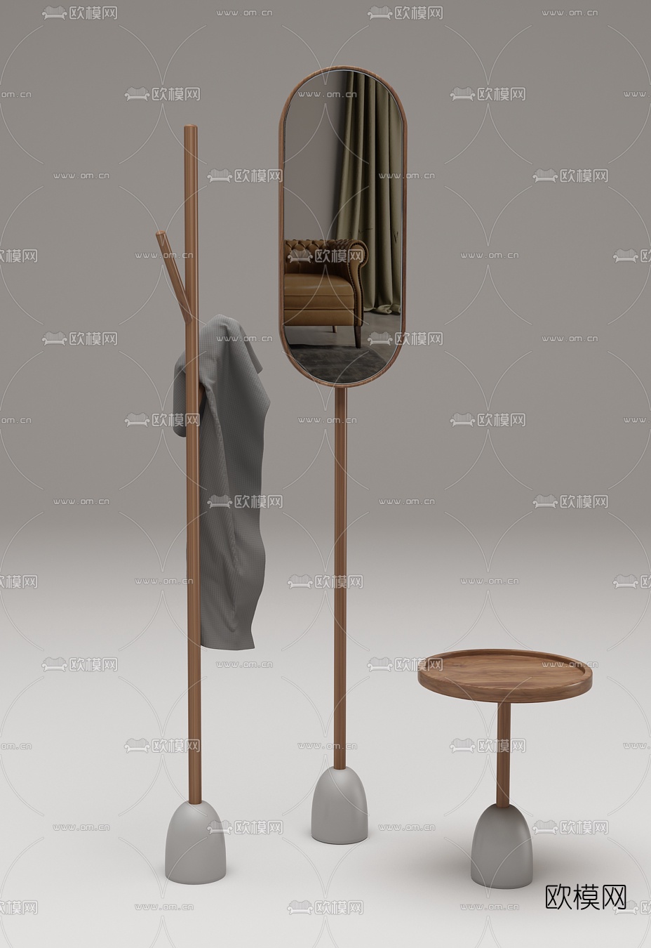 北欧实木镜子衣架组合3d模型下载（渲染图1）