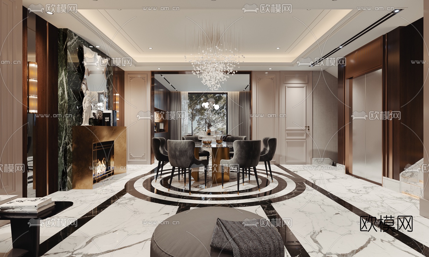 欧式轻奢客厅餐厅3d模型