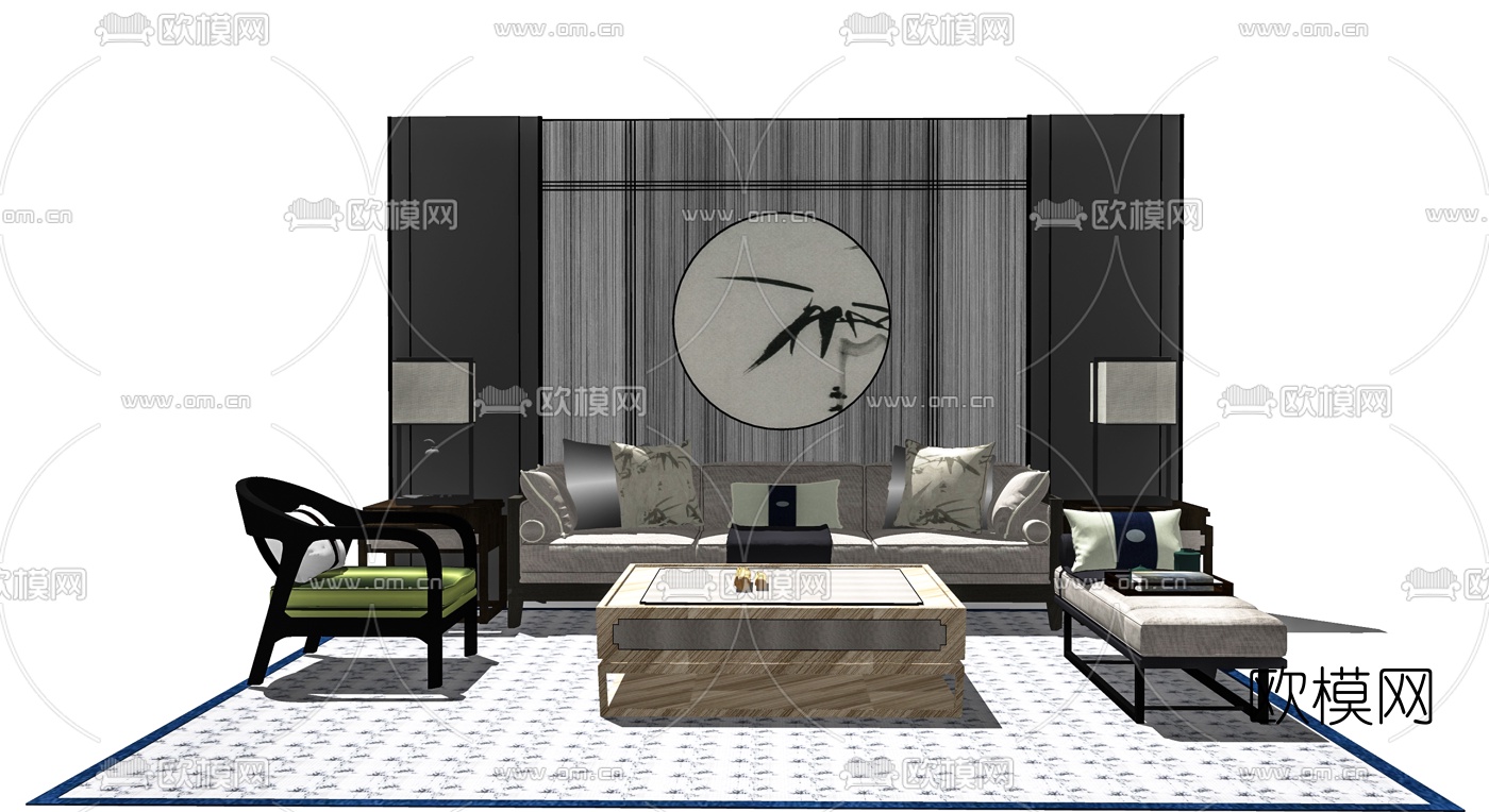 新中式布艺沙发组合su模型下载