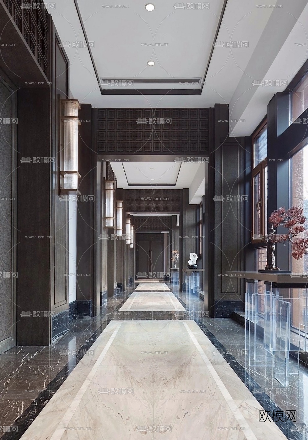 新中式会所走廊过道3d模型下载