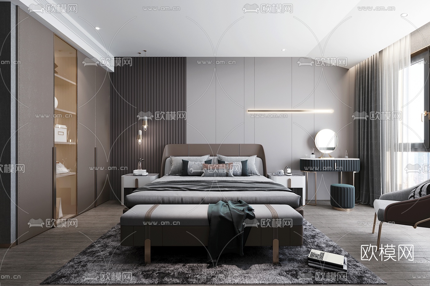 现代卧室主人房3d模型下载（渲染图1）