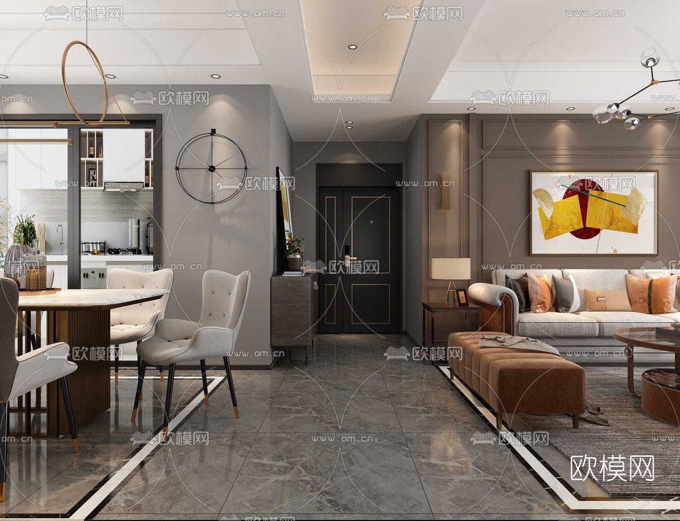 现代轻奢客厅餐厅3d模型下载（渲染图3）
