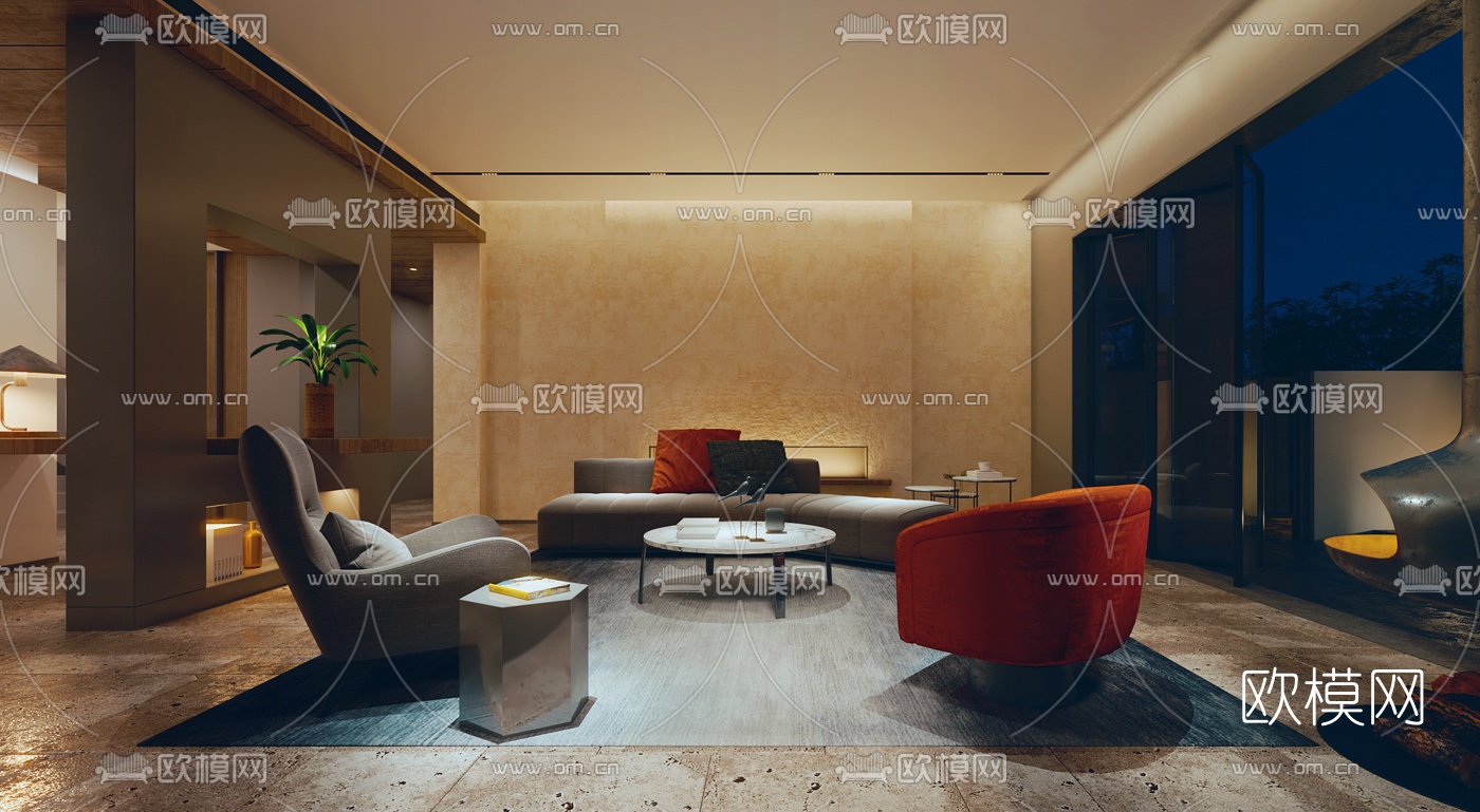 现代民宿大堂餐厅过道3d模型下载（渲染图2）