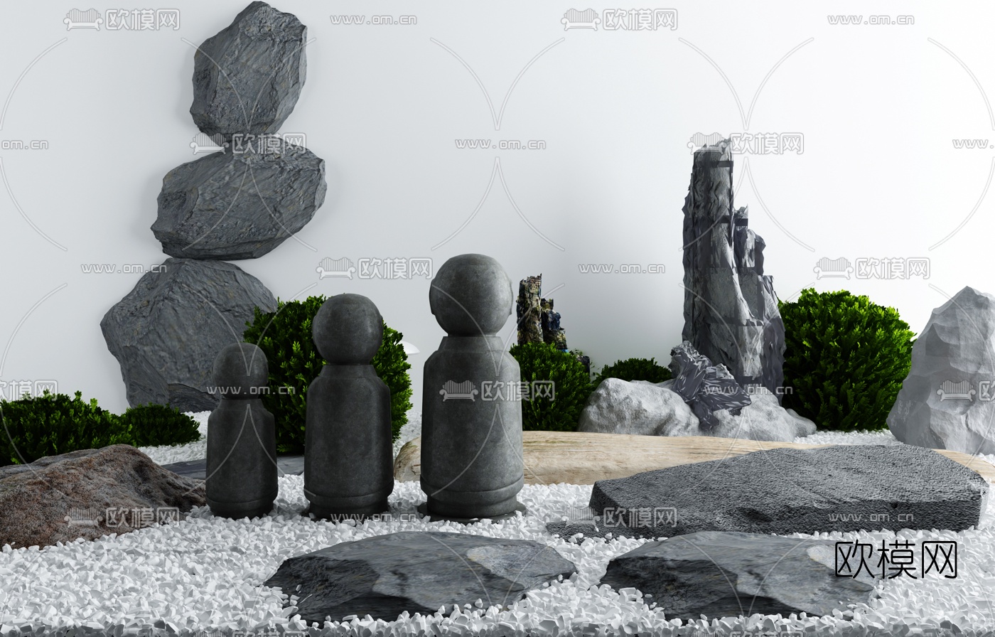 新中式假山灌木景观小品3d模型