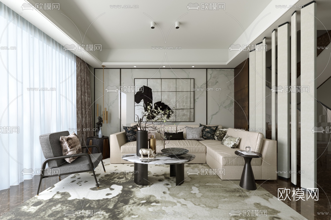 LSD葛亚曦设计 现代布艺转角沙发组合3d模型下载（渲染图1）