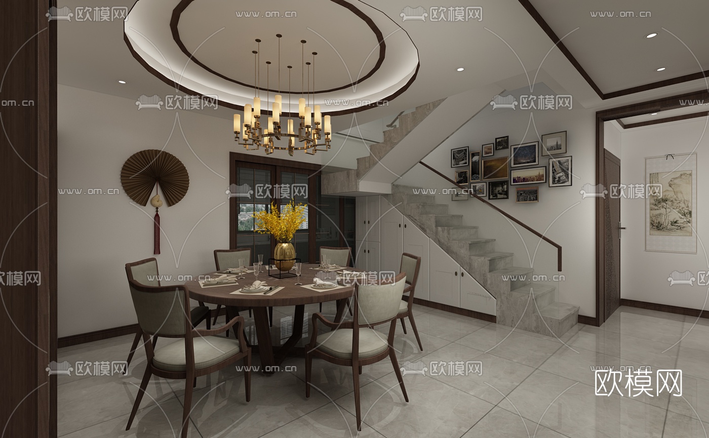 新中式复式客厅餐厅免费3d模型下载（渲染图3）