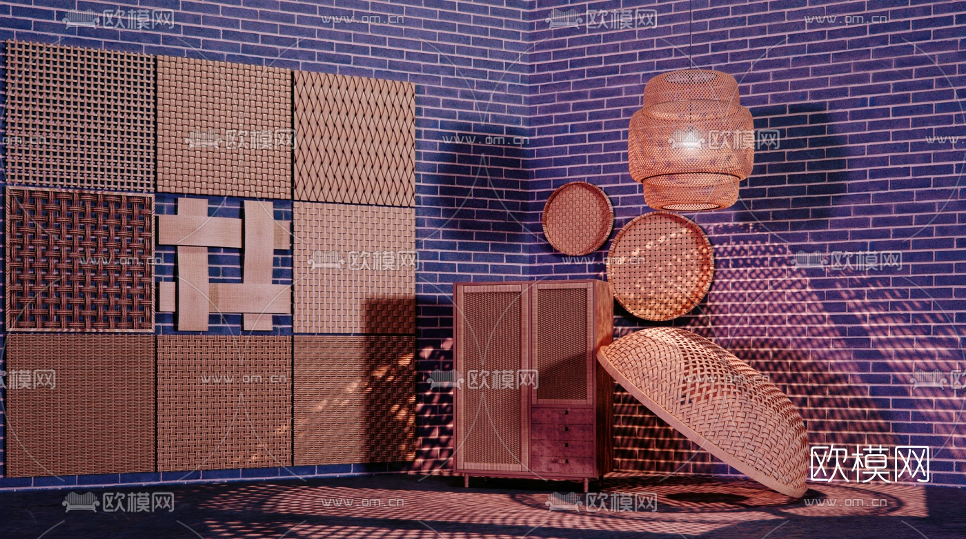 自然风编织篓子吊灯护墙板3d模型下载（渲染图1）