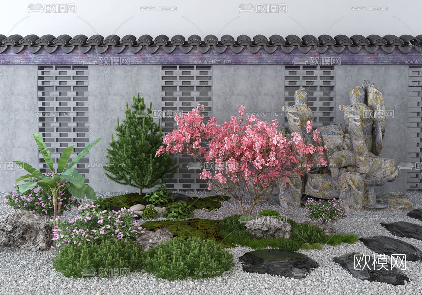 新中式树木花草假山景观小品3d模型