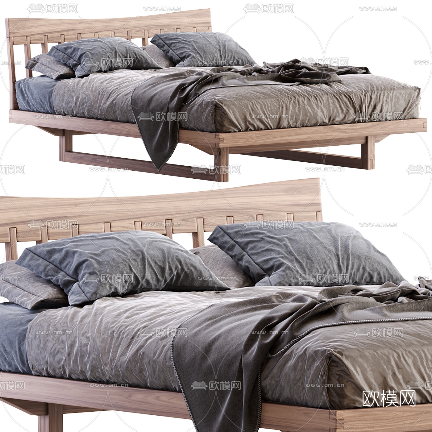 北欧原木双人床3d模型下载