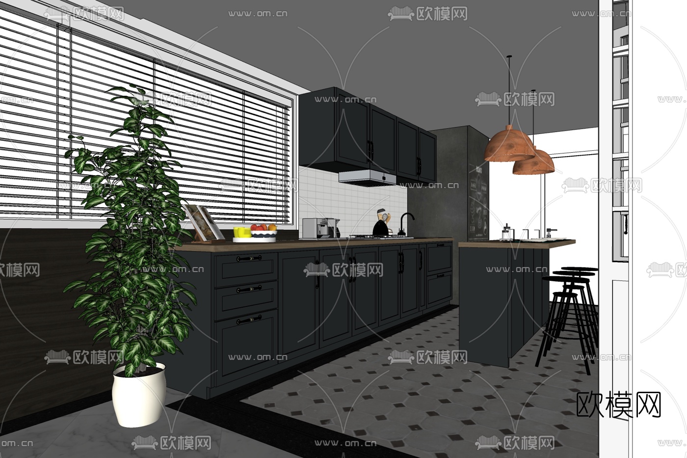 现代厨房免费su模型下载