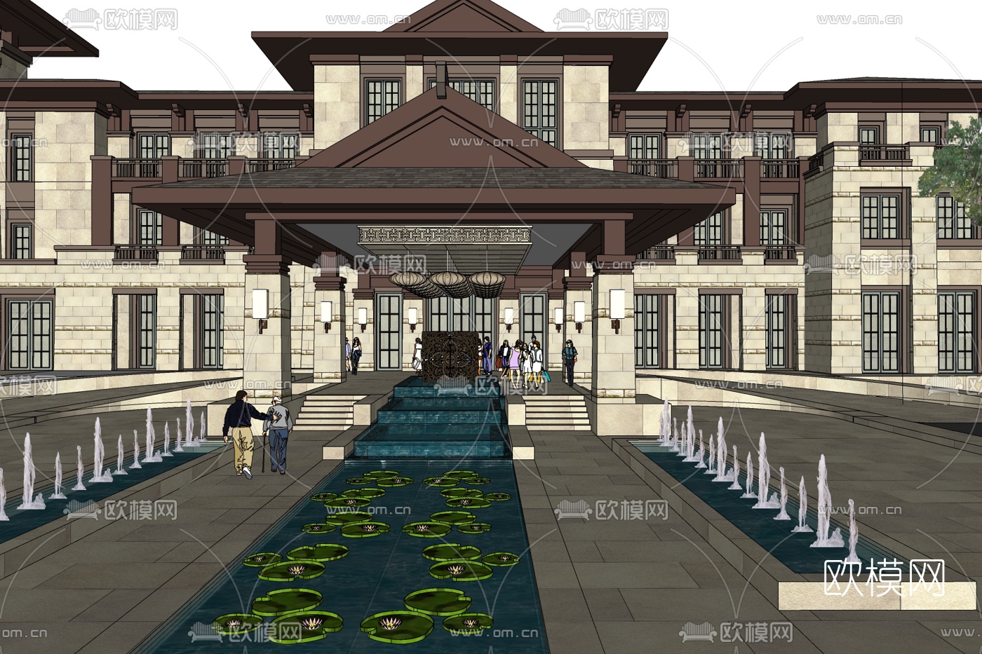新中式酒店外观免费su模型-免费3dmax模型库-欧模网