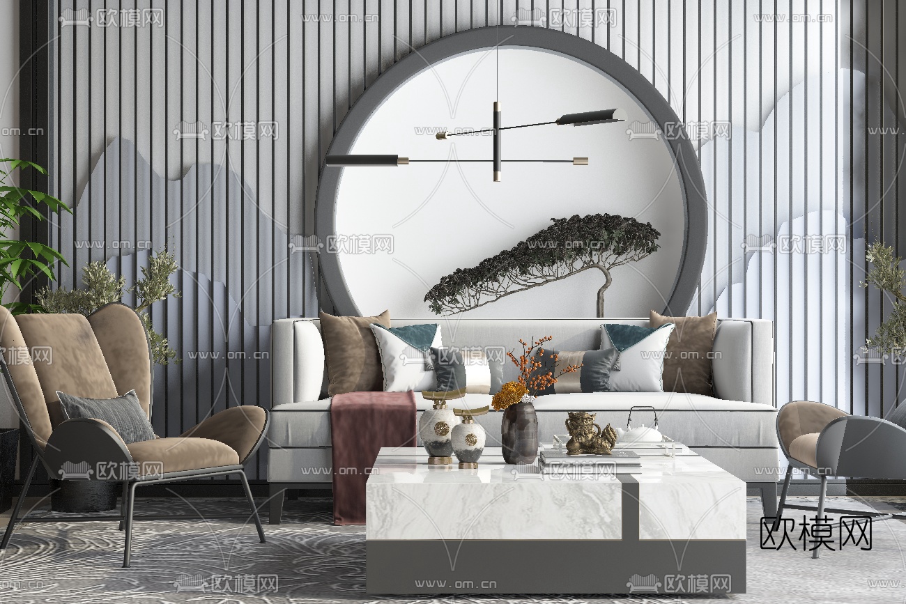 新中式布艺沙发组合su模型下载（渲染图1）