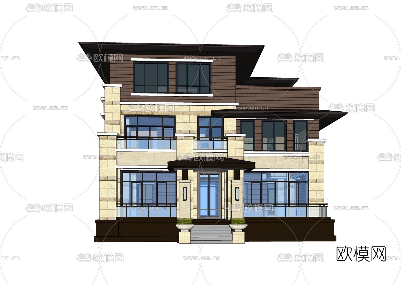 新中式别墅外观免费su模型下载
