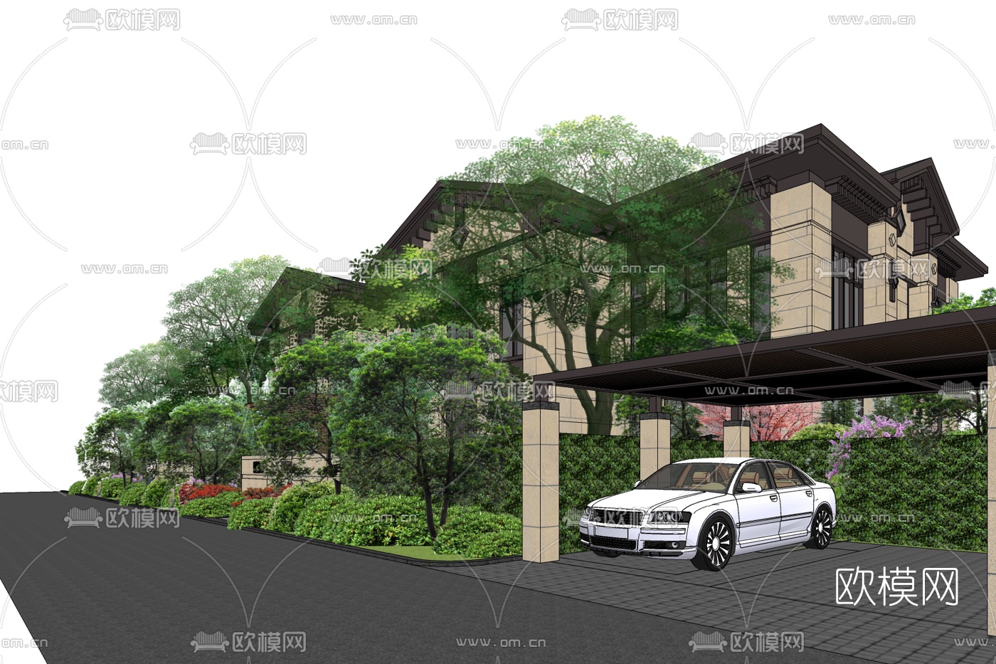 新中式独栋别墅免费su模型下载