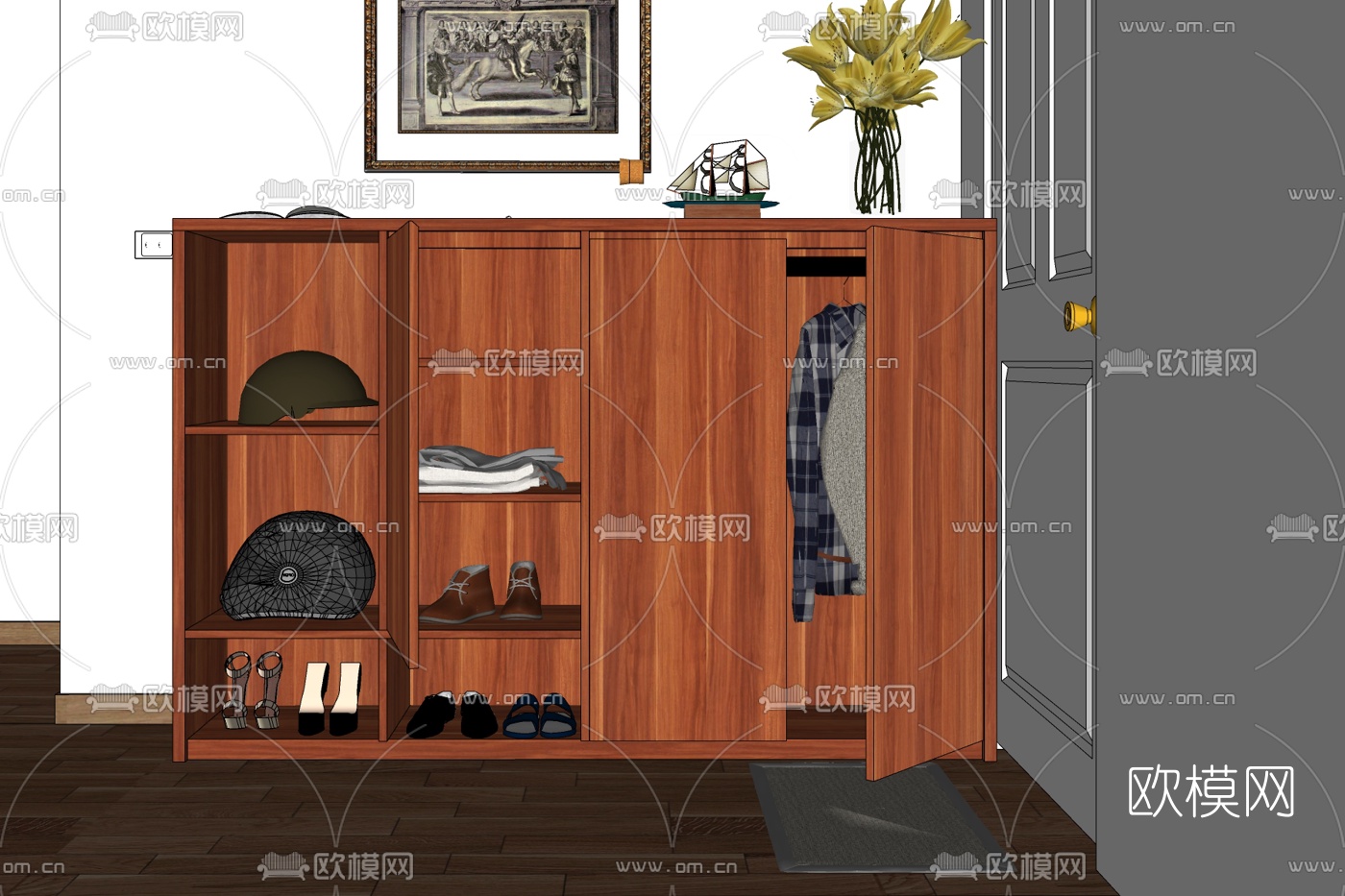 现代实木鞋柜免费su模型下载