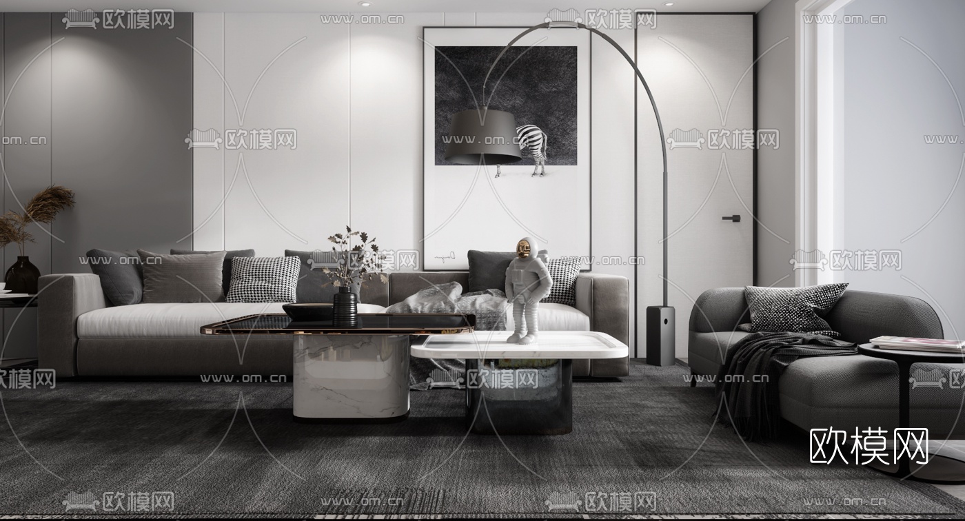 现代高级灰客厅3d模型下载（渲染图2）