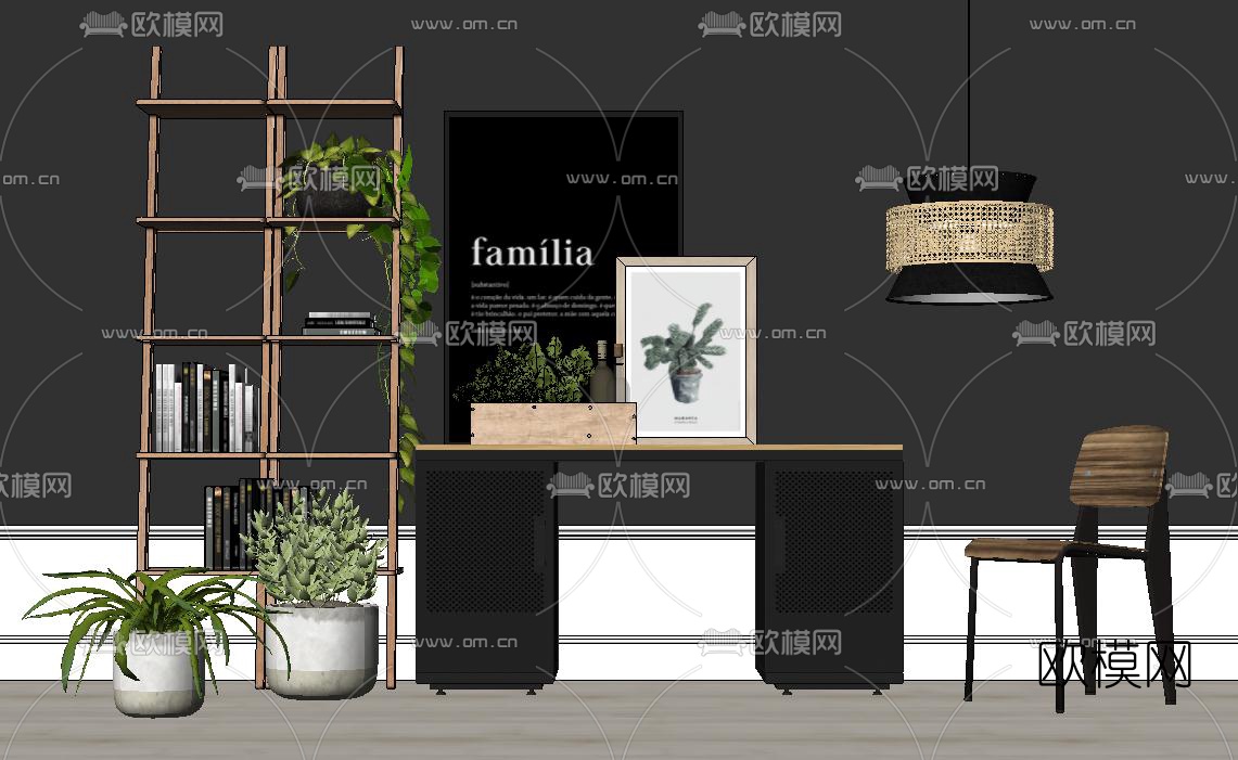 北欧原木书桌椅su模型下载