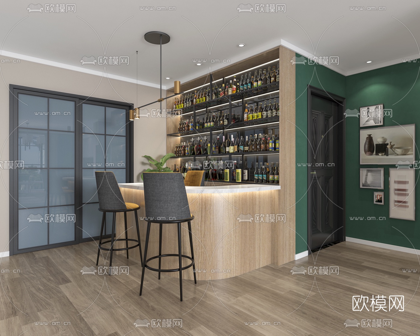 后现代客厅餐厅3d模型下载（渲染图3）