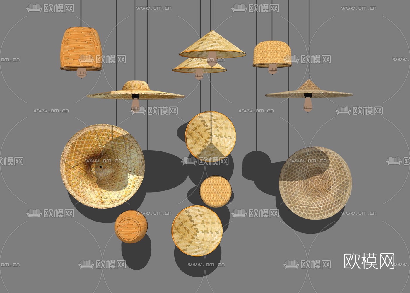 新中式斗笠草帽吊灯挂件su模型下载
