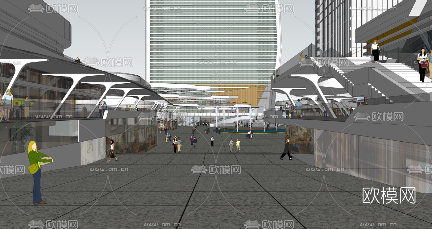 现代商业广场商业街su模型下载（渲染图1）