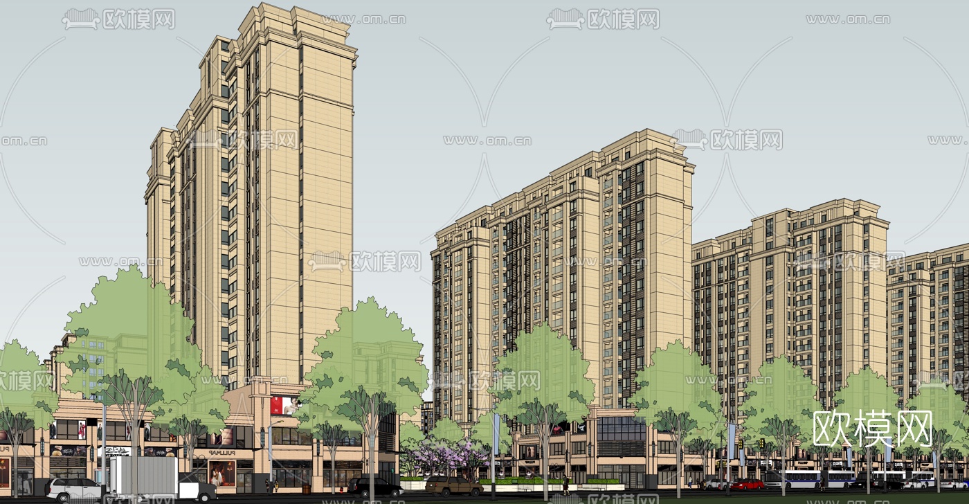 简欧住宅小区外观su模型下载（渲染图2）
