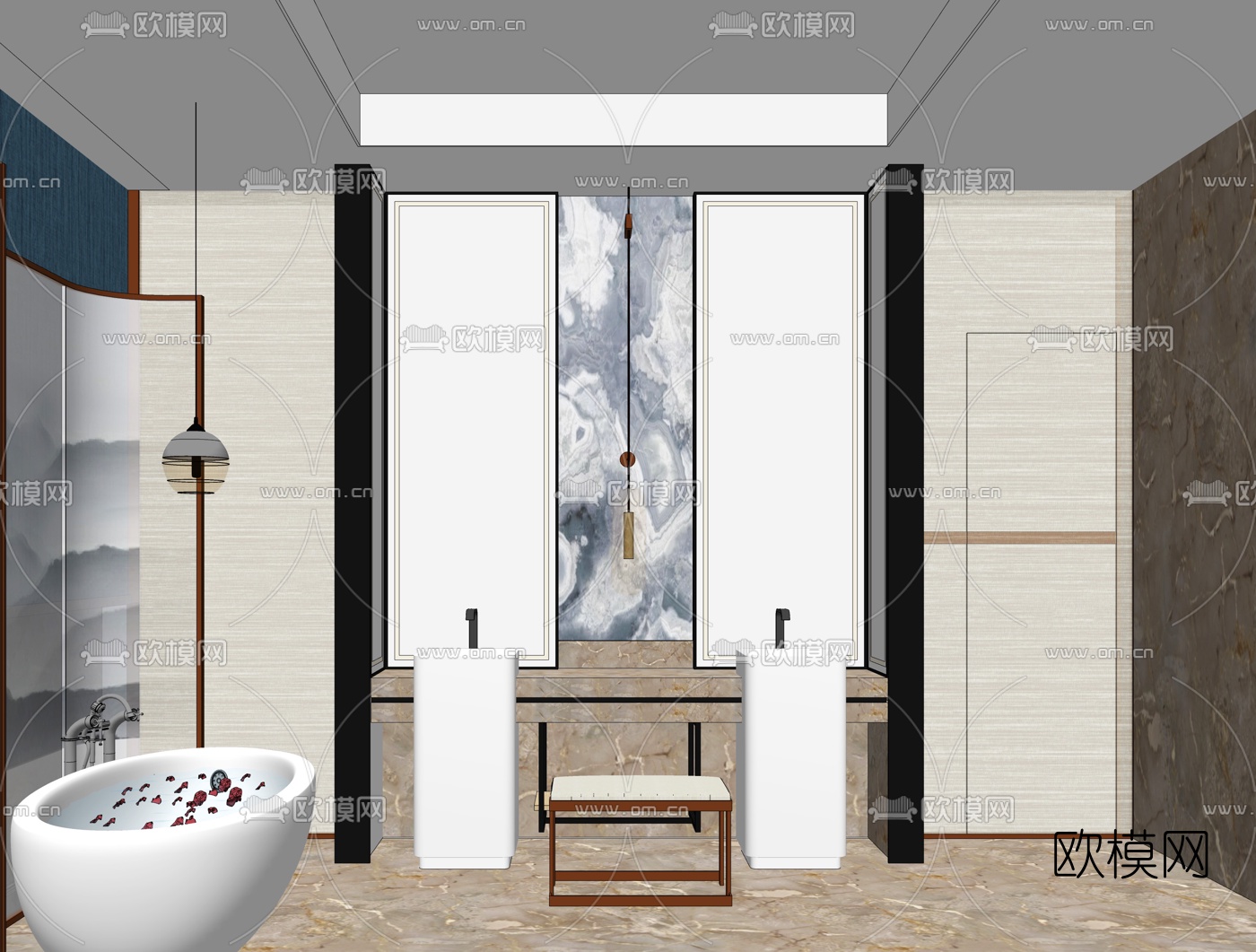 新中式别墅卫生间浴室su模型
