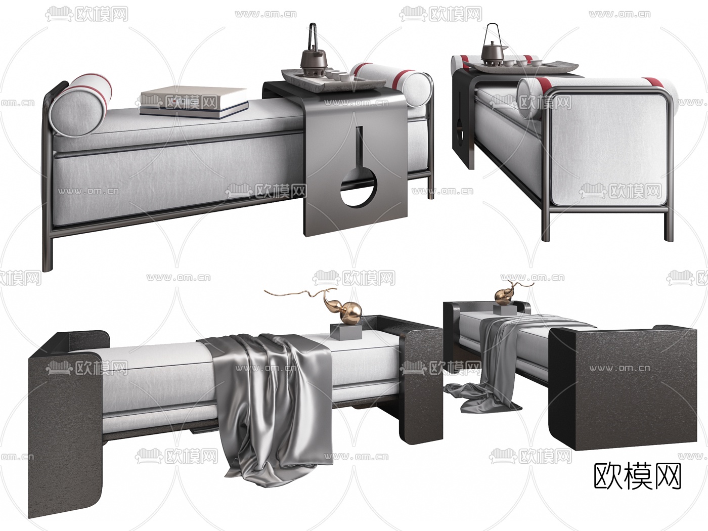新中式床尾凳脚踏组合3d模型下载（渲染图1）