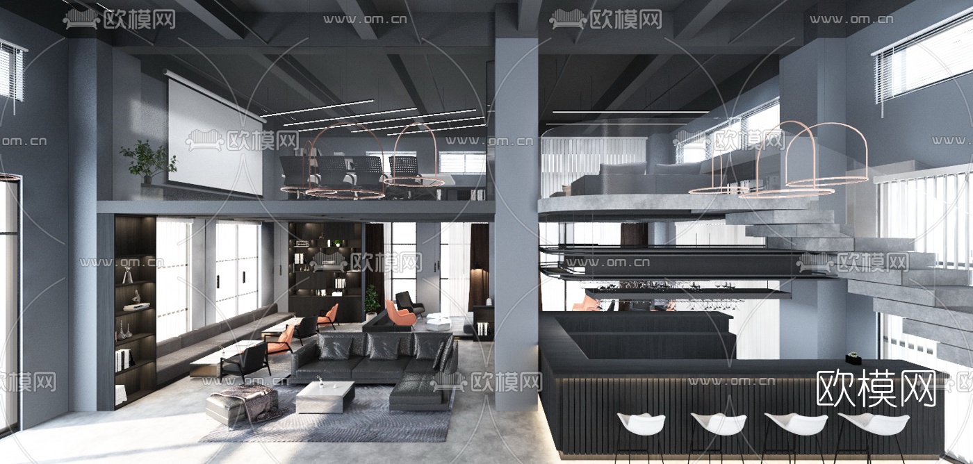 工业风接待大厅3d模型下载（渲染图1）