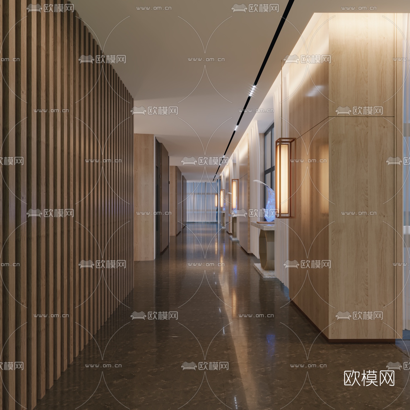 新中式办公室走廊过道3d模型下载（渲染图2）