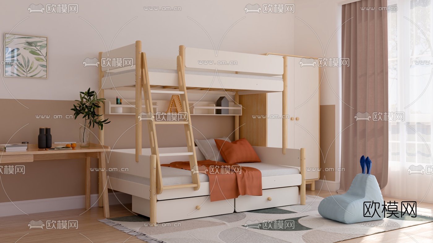 北欧原木上下铺儿童床3d模型下载（渲染图1）