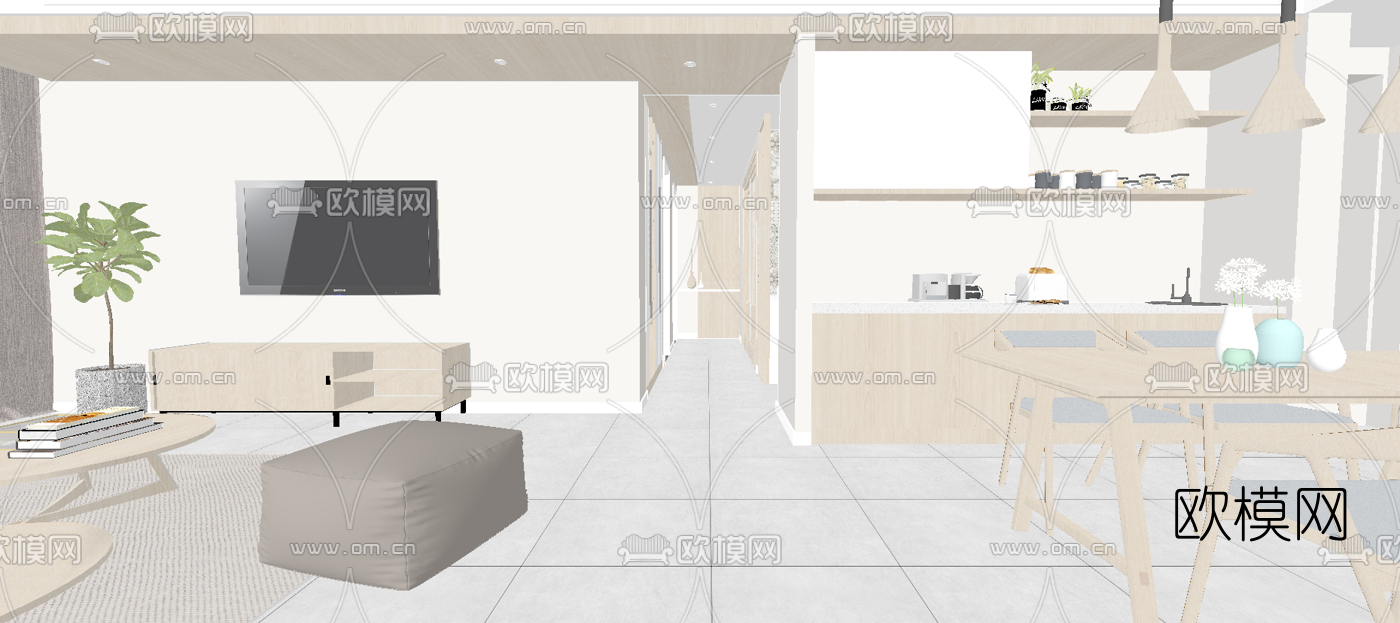 北欧客厅餐厅su模型下载（渲染图2）