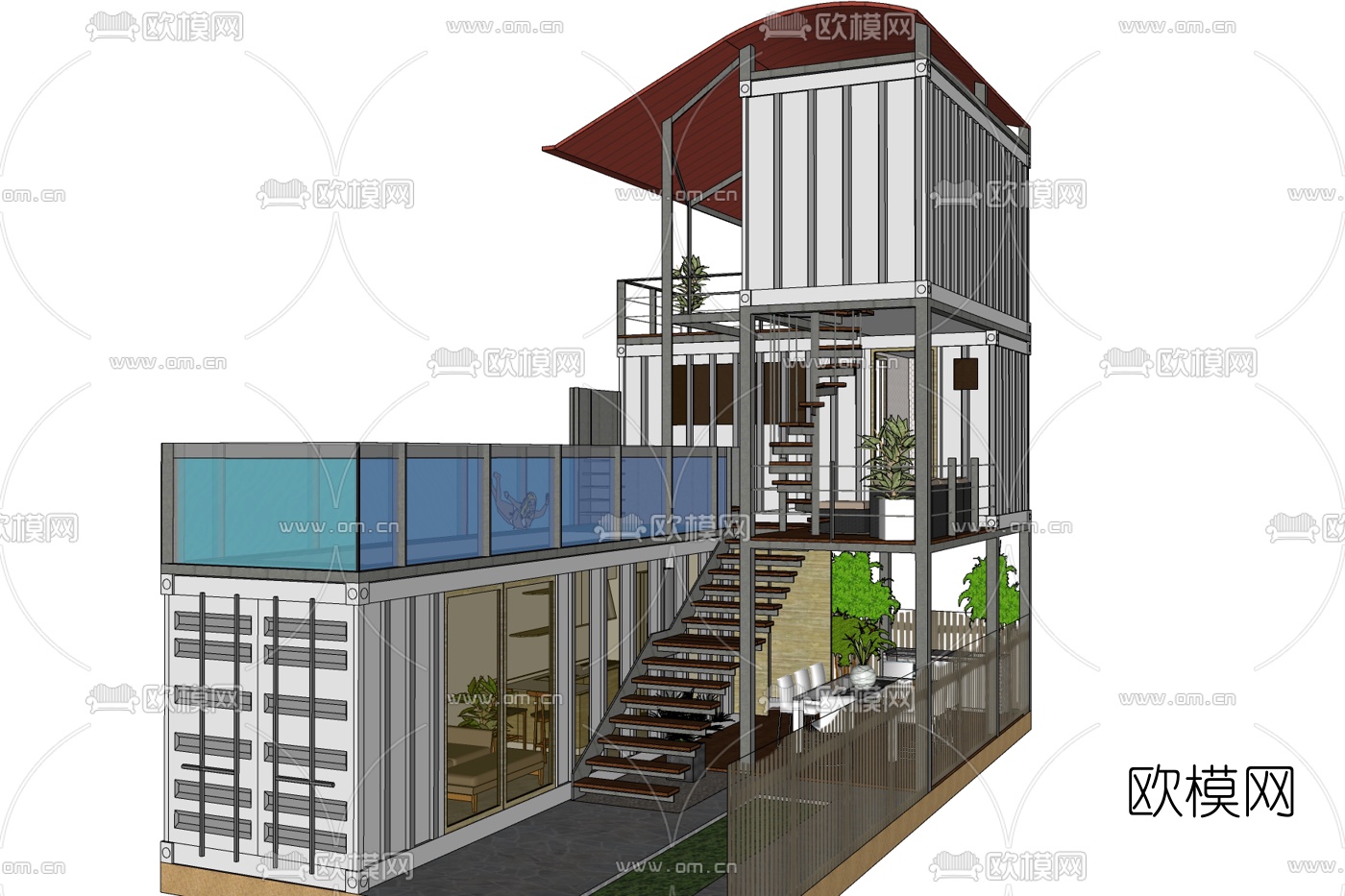 工业风集装箱别墅免费su模型下载