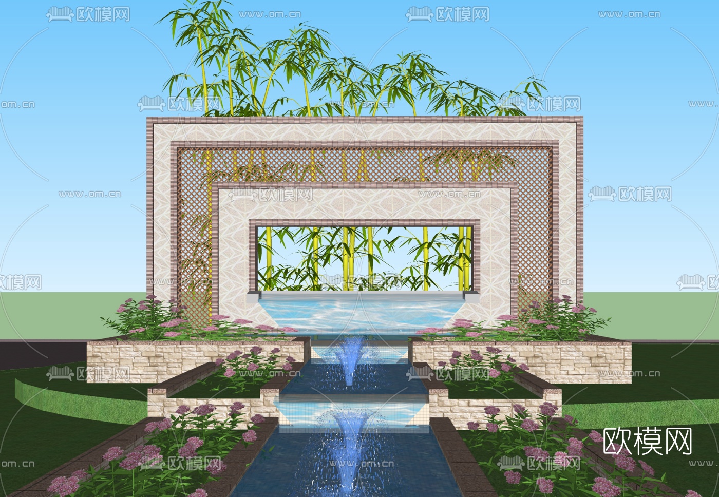 新中式景观墙免费su模型下载