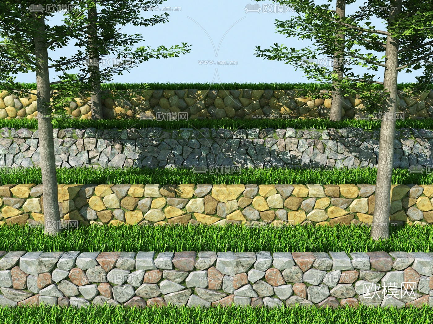 自然风护坡石墙景观3d模型下载（渲染图1）