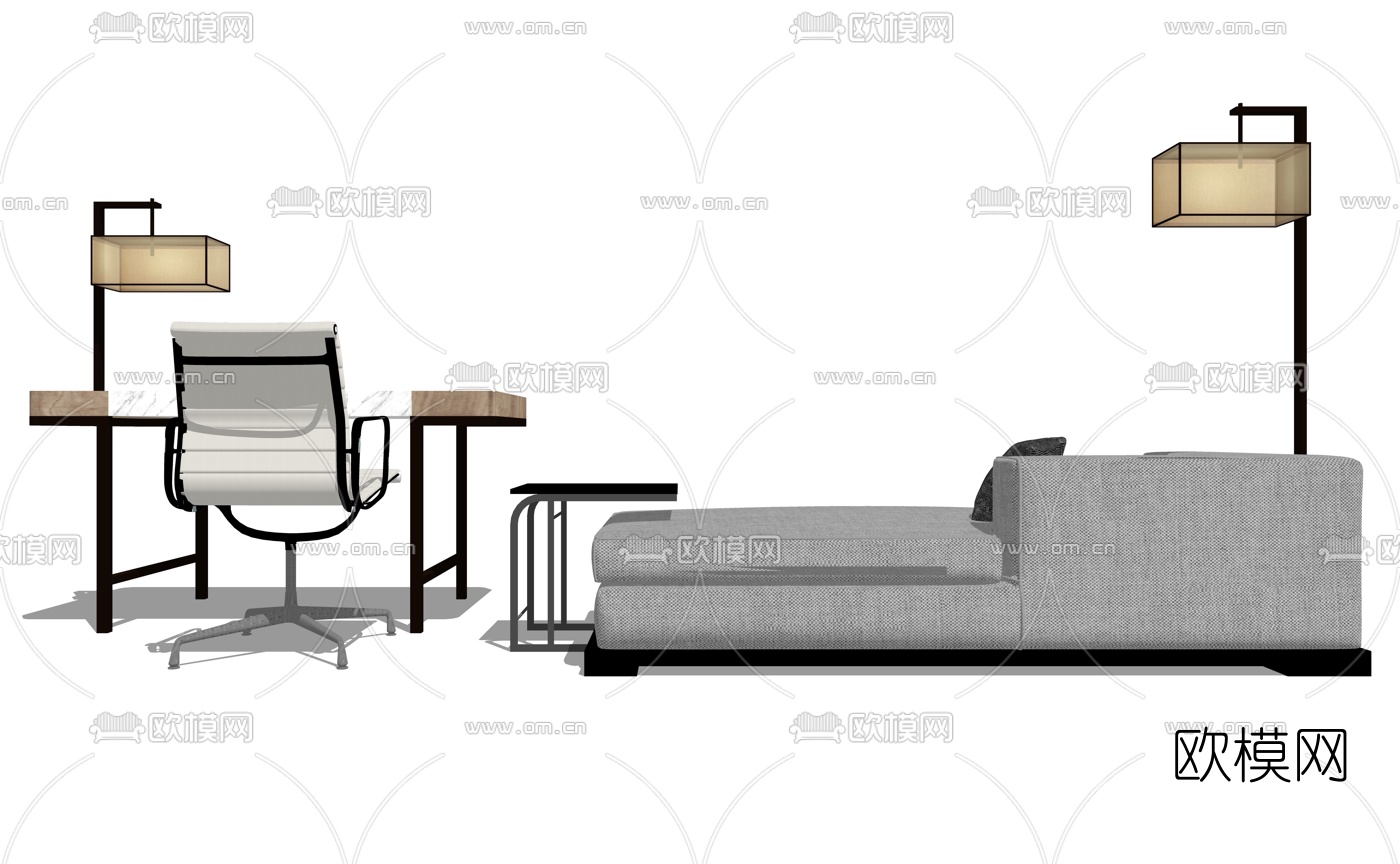 中式实木书桌椅 su模型下载（渲染图1）