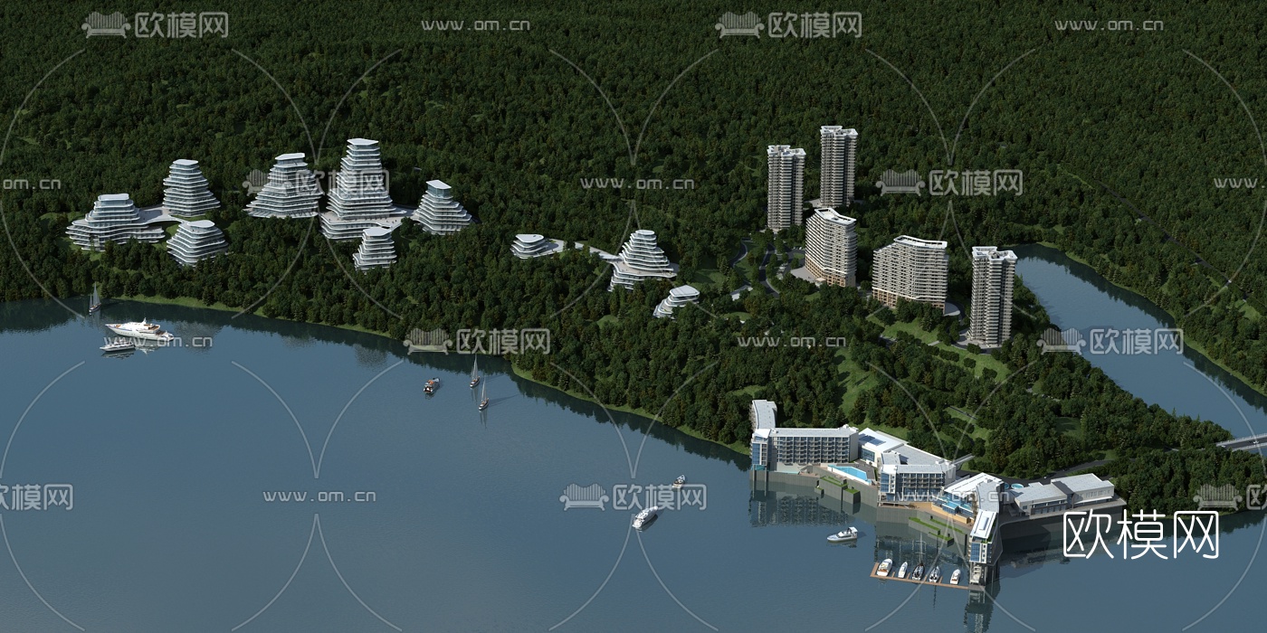 现代度假酒店鸟瞰3d模型