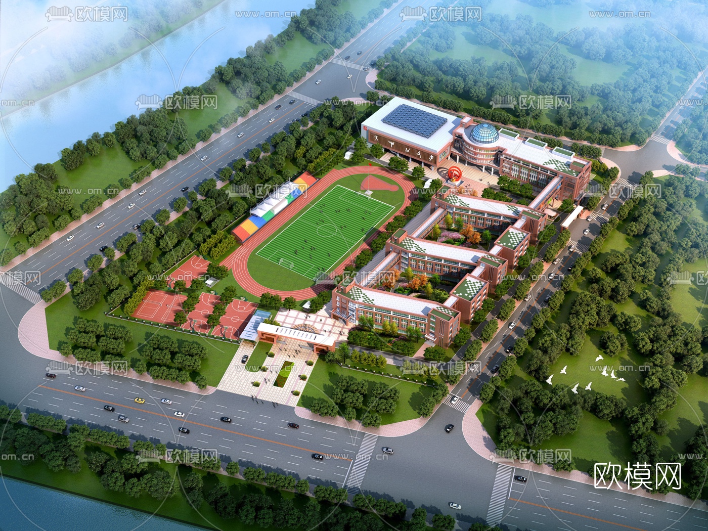 现代学校鸟瞰3d模型下载（渲染图1）