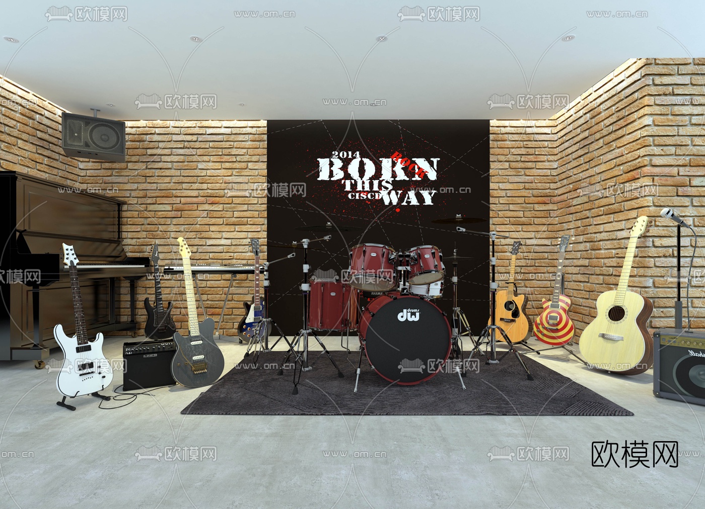 现代吉他架子鼓钢琴3d模型下载（渲染图1）