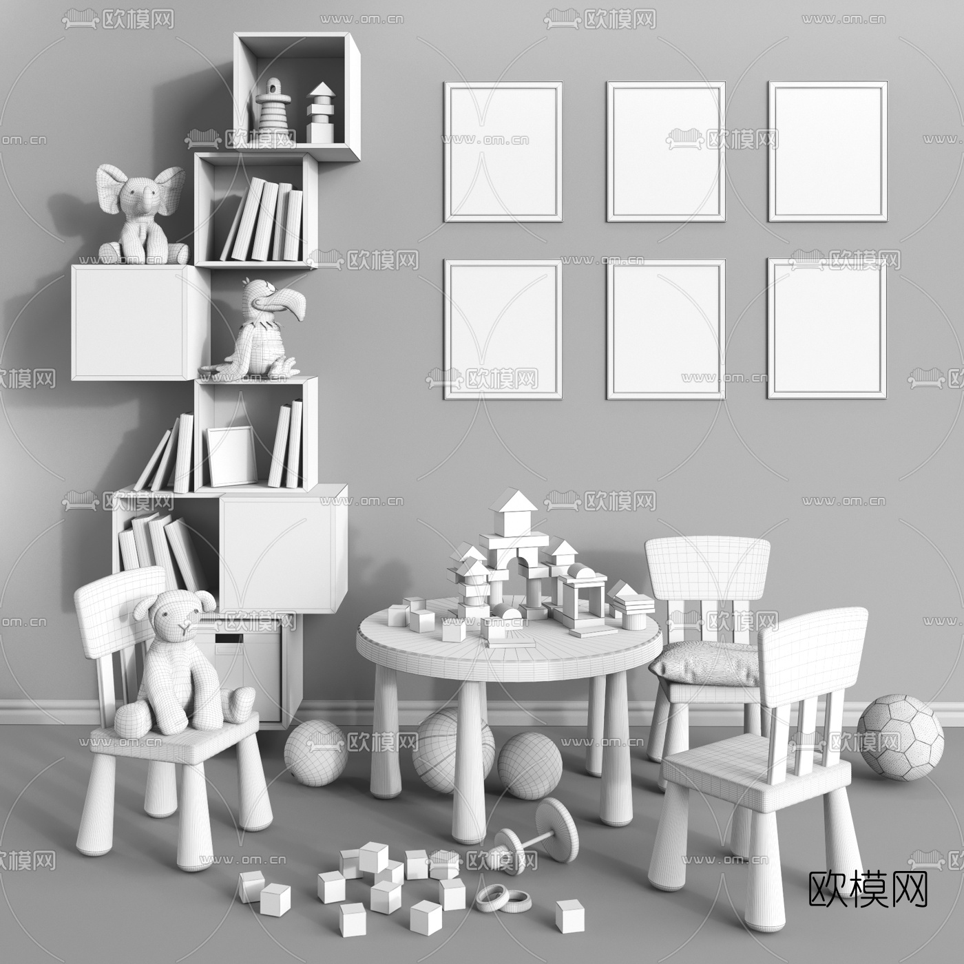 北欧儿童桌椅书柜3d模型