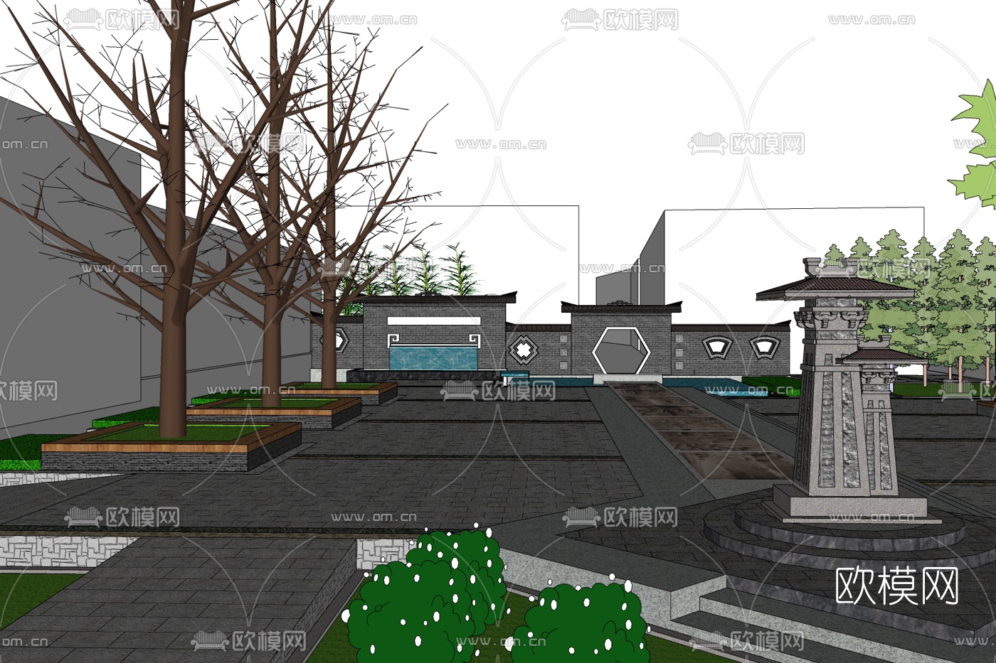中式园林景观免费su模型下载